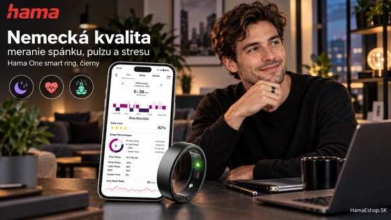 Muž s čiernym smart prsteňom Hama One na prste a telefón s aplikáciou Hama Active na meranie spánku a pulzu