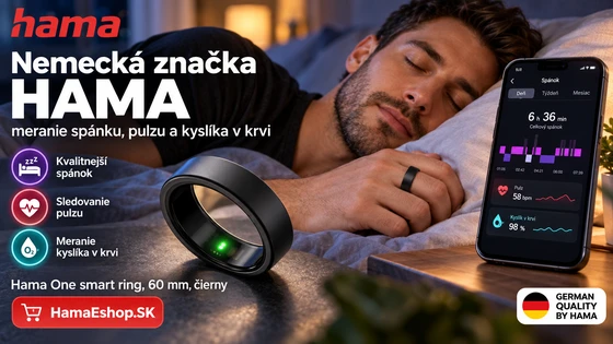 Muž spí s čiernym smart prsteňom Hama One na prste, vedľa neho telefón s aplikáciou na meranie spánku