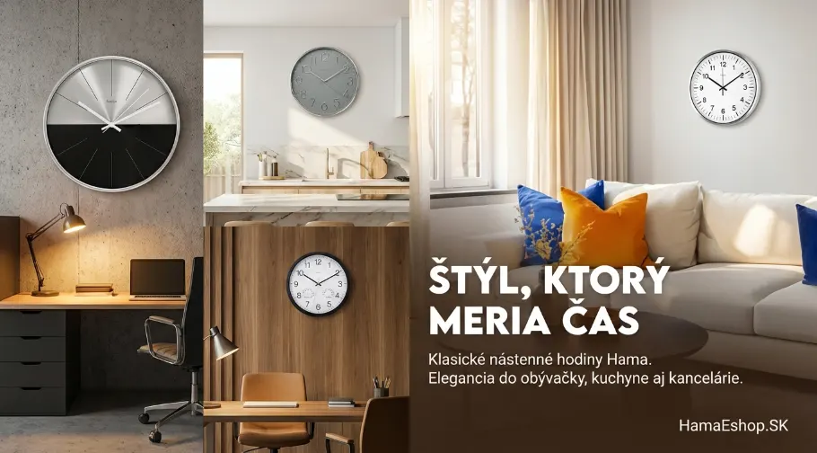 Klasické nástenné hodiny Hama v obývačke, kuchyni a kancelárii, s textom 