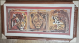 Obraz s motívom Divoké mačkovité šelmy – tiger a lev v drevenom ráme 57 x 108 cm