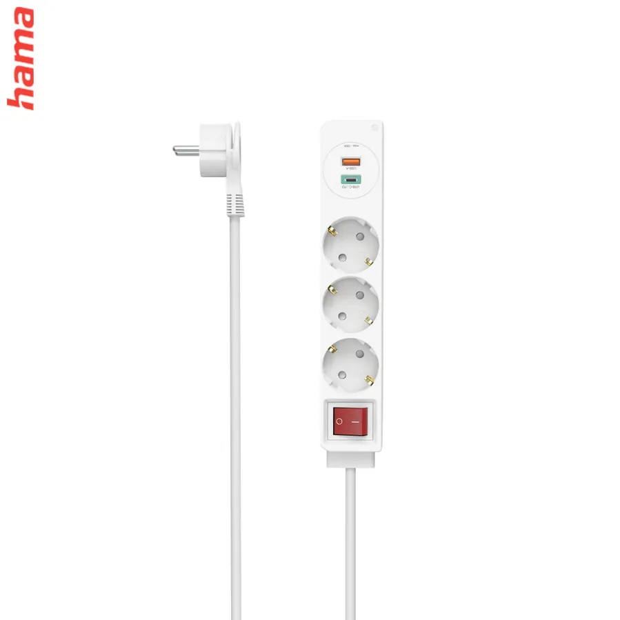 Hama predlžovací prívod, 5x zásuvka schuko, USB-C PD/USB-A QC 18 W, 1,4 m