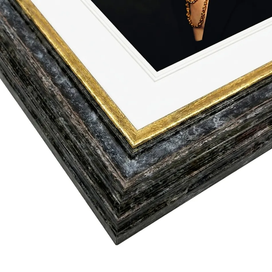 Drevený rám na obraz 60x80 cm Lyon Bridlicovo modrý so zlatým lemom plexisklo