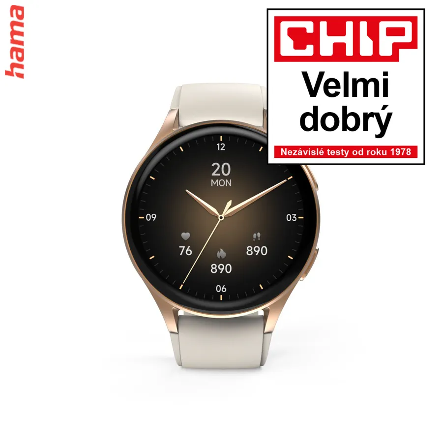 Hama 8900, smart hodinky, GPS, AMOLED 1,32", funkcia telefonovania, Alexa, béžové/zlaté
