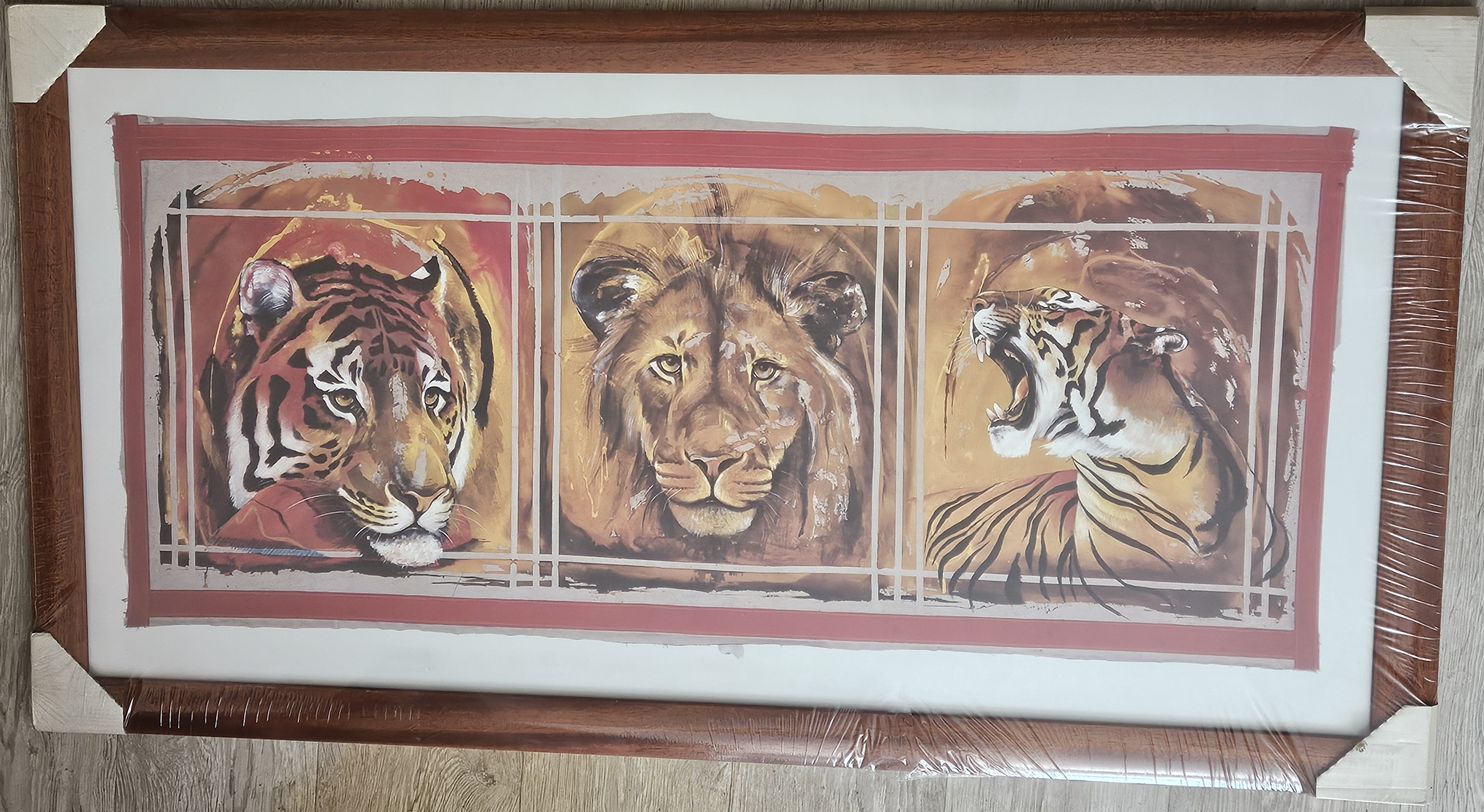 Obraz s motívom Divoké mačkovité šelmy – tiger a lev v drevenom ráme 57 x 108 cm