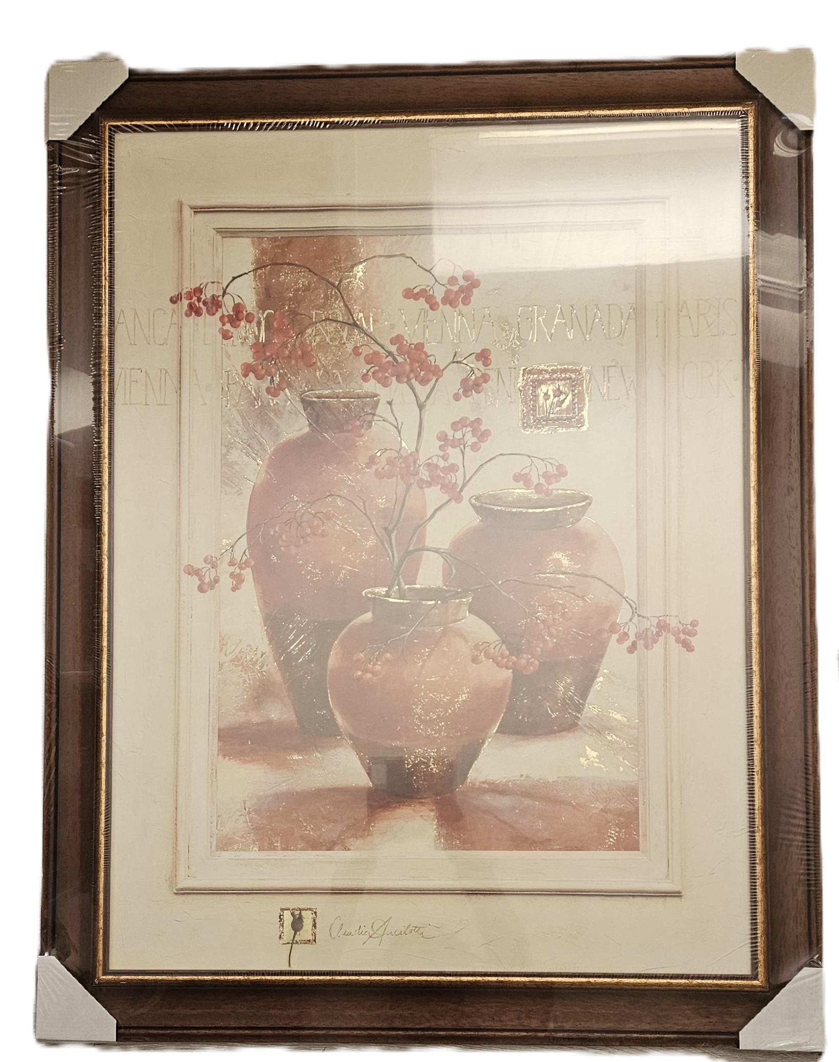 Obraz Vázy s červenými bobuľami a názvy miest v tmavohnedom ráme 73 x 93 cm