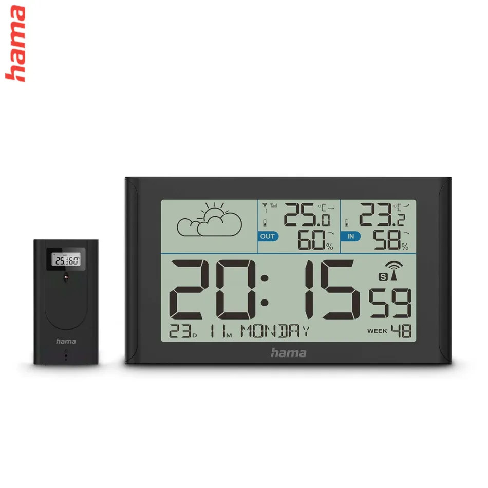 Hama Sylt, meteostanica, bezdrôtový senzor, DCF hodiny, teplota, vlhkosť, počasie, batérie, čierna