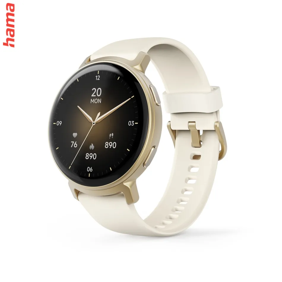 Hama 7020, smart hodinky, GPS, AMOLED 1,32", telefonovanie, hlas. asistent, IP68/3 ATM - elegantné zlato-biele prevedenie