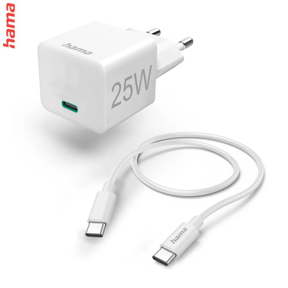 Hama rýchla USB nabíjačka USB-C PD/QC 25 W, kábel USB-C 1,5 m, biela