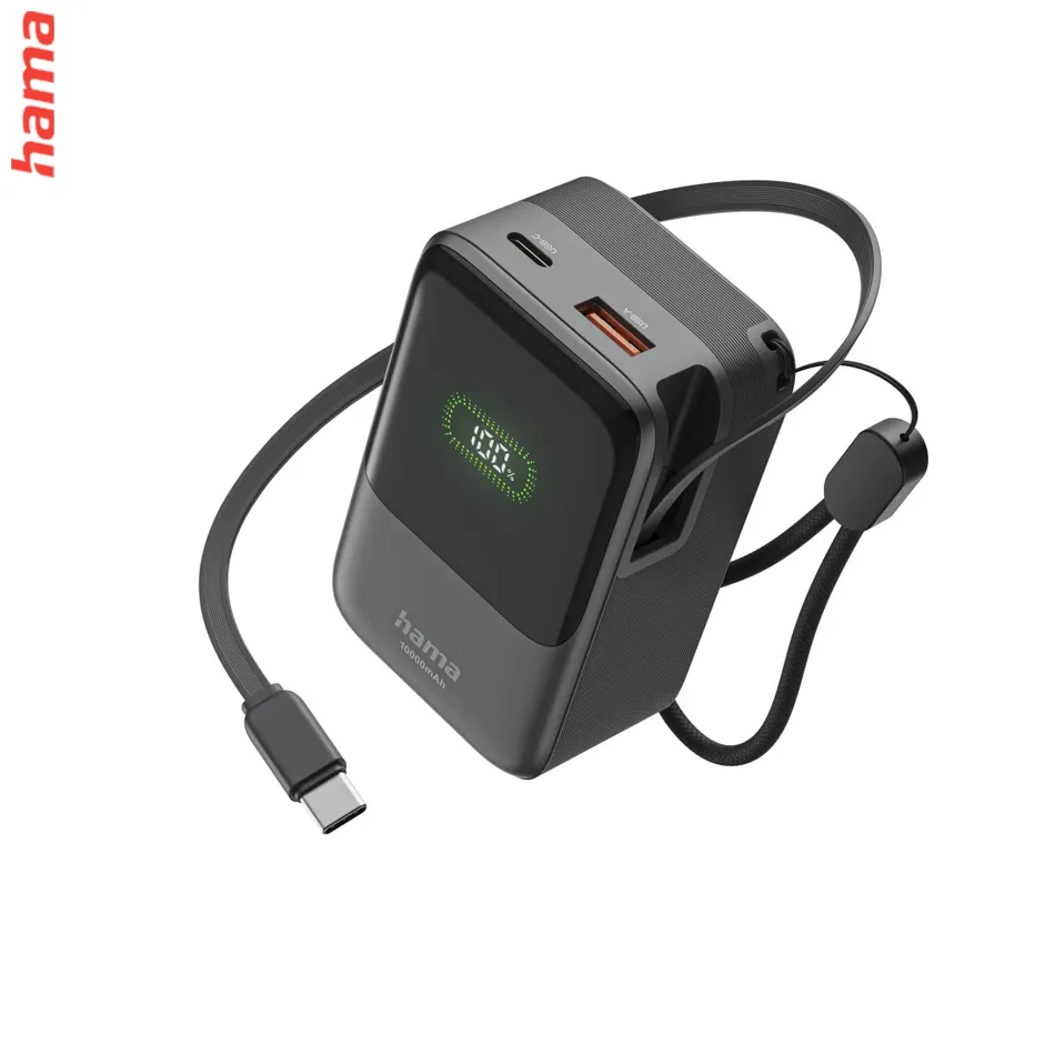 Hama Roll Up powerbanka, 10000 mAh, 20 W, 1x USB-C, 1x USB-A, navíjací kábel