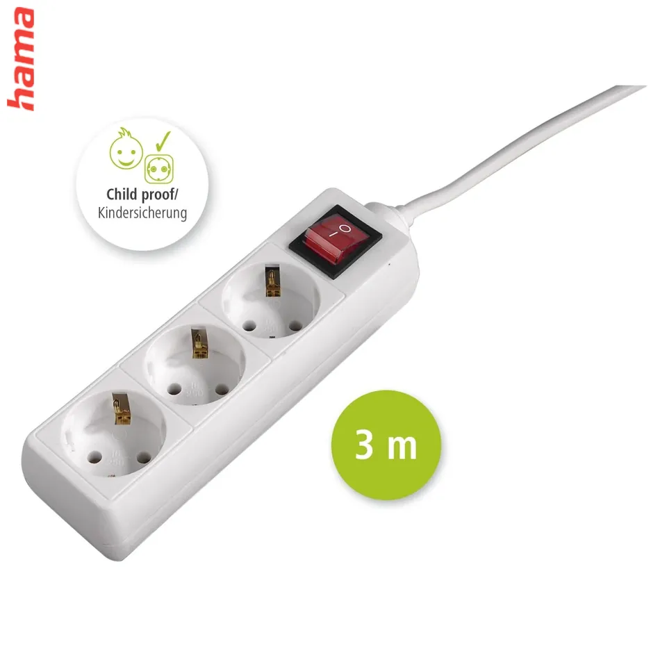 Hama 3-násobná zásuvková lišta s vypínačom, 3 m, biela