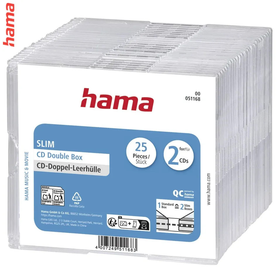 Hama priehľadné slim puzdro na 2 CD, Slim Double, 25 ks