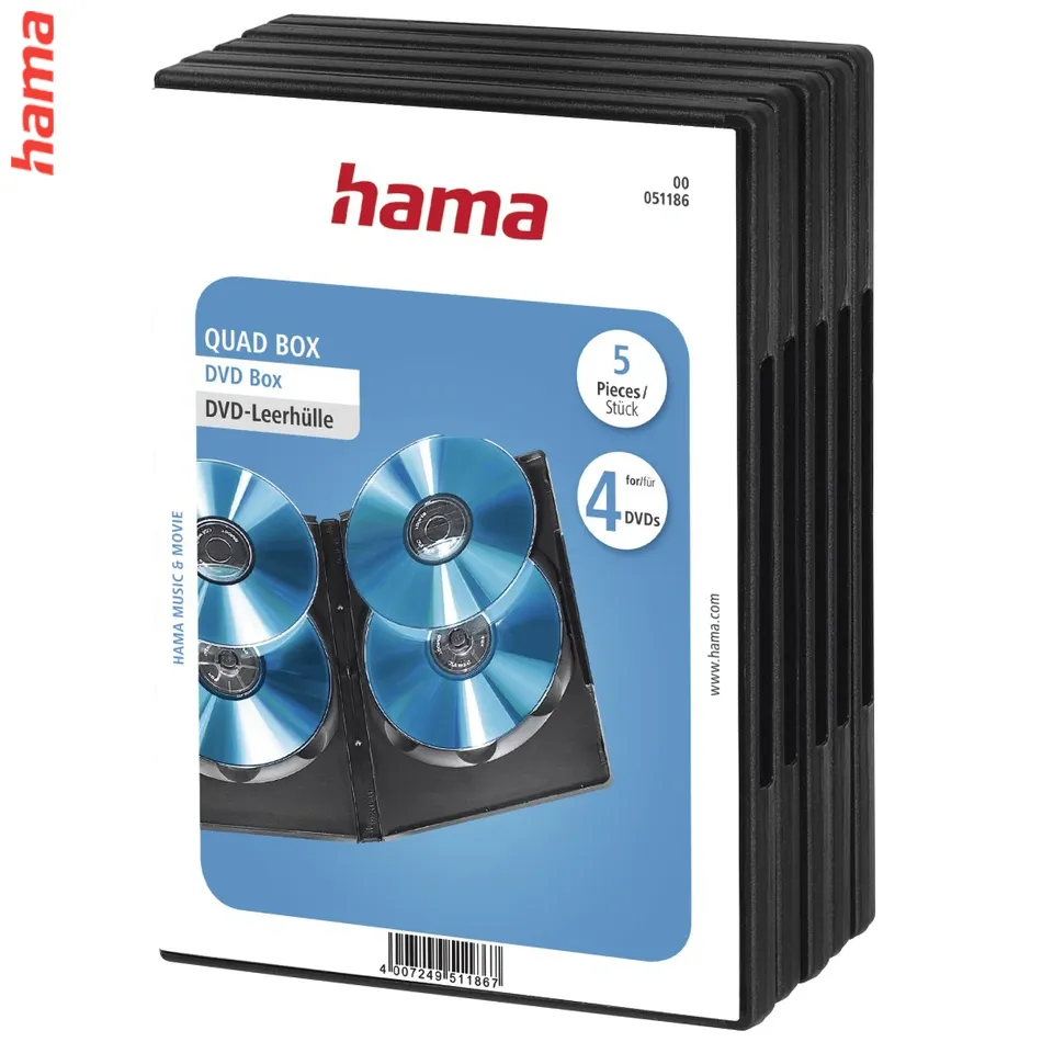 Hama prázdne puzdro na DVD Quad Box pre 4 DVD, čierne, 5 ks
