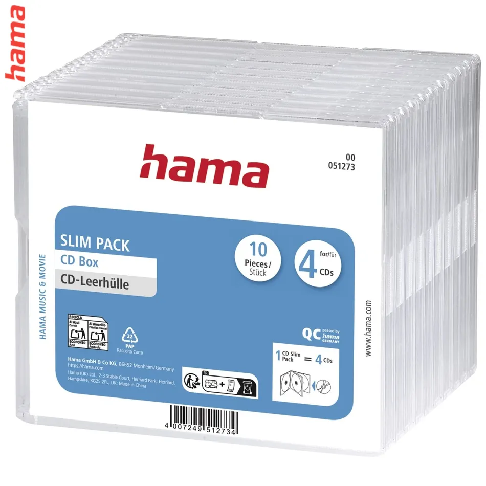 Hama prázdne CD obaly Slim Pack 4 na 4 CD, priehľadné, 10 ks