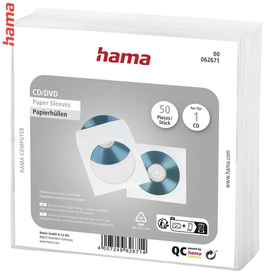 Hama papierové obaly na CD a DVD s okienkom, biele, 50 ks