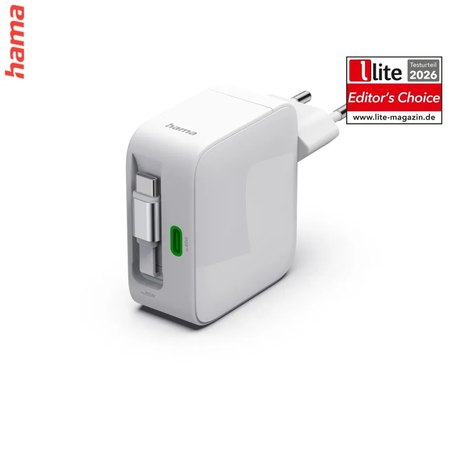 Hama nabíjačka na notebook a mobil 65 W GaN, 2x USB-C, vysúvateľný kábel, biela