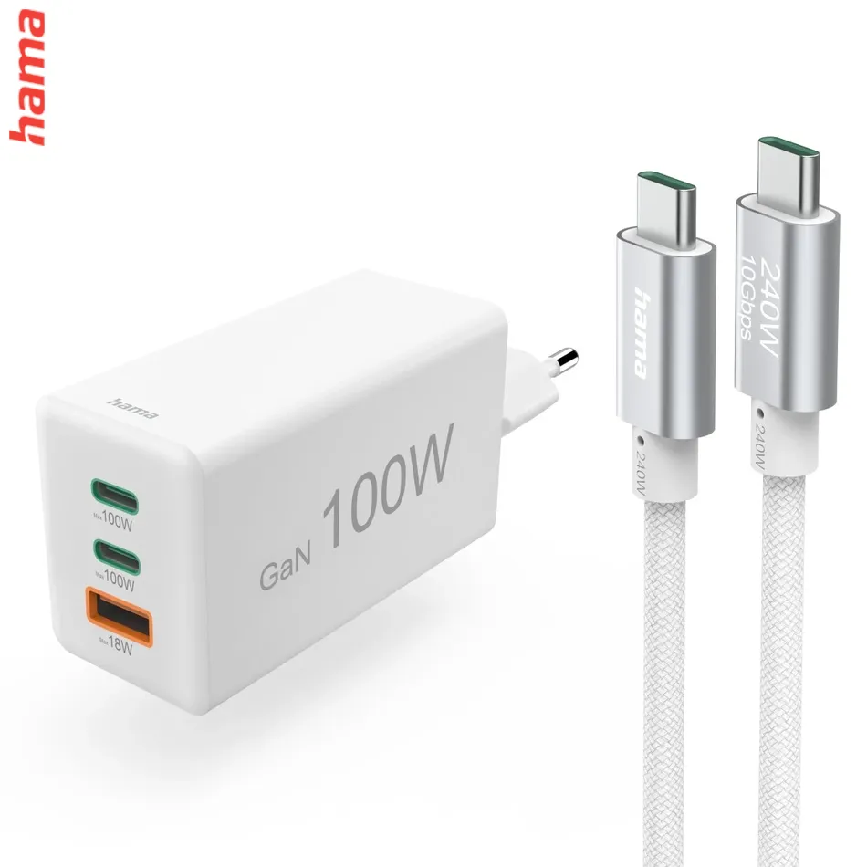Hama rýchlonabíjačka USB C 100 W GaN, 2x USB-C, 1x USB-A, biela