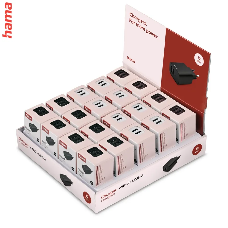 Hama USB nabíjačka, 2x USB-A, 12 W/2,4 A, 20 ks v displeji (cena za ks)