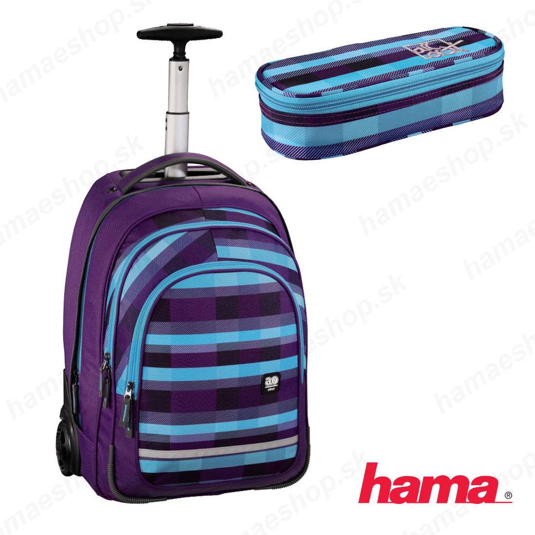 Školská taška na kolieskach s peračníkom fialová