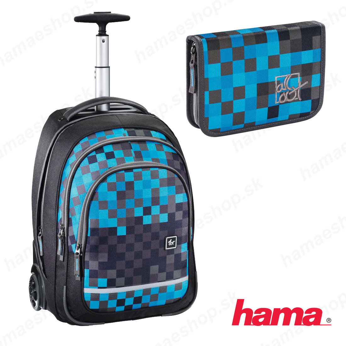 Školská taška na kolieskach s peračníkom Blue Pixel