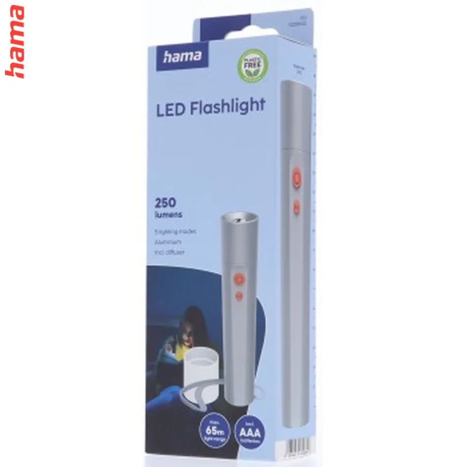 Hama FL250, LED baterka, hliníková, 250 lm / 65 m, 4 režimy+SOS, rozptyľovač, pútko, batérie