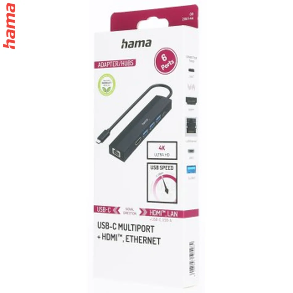 Hama USB-C hub, multiport, 3x USB-A, USB-C PD, HDMI, LAN, 6 portov