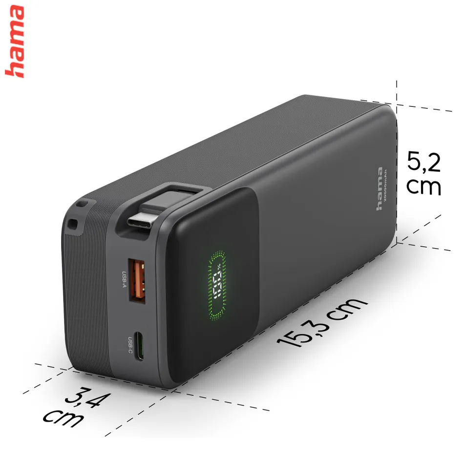 Hama Roll Up powerbanka, 20000 mAh, 45 W, 1x USB-C, 1x USB-A, navíjací kábel