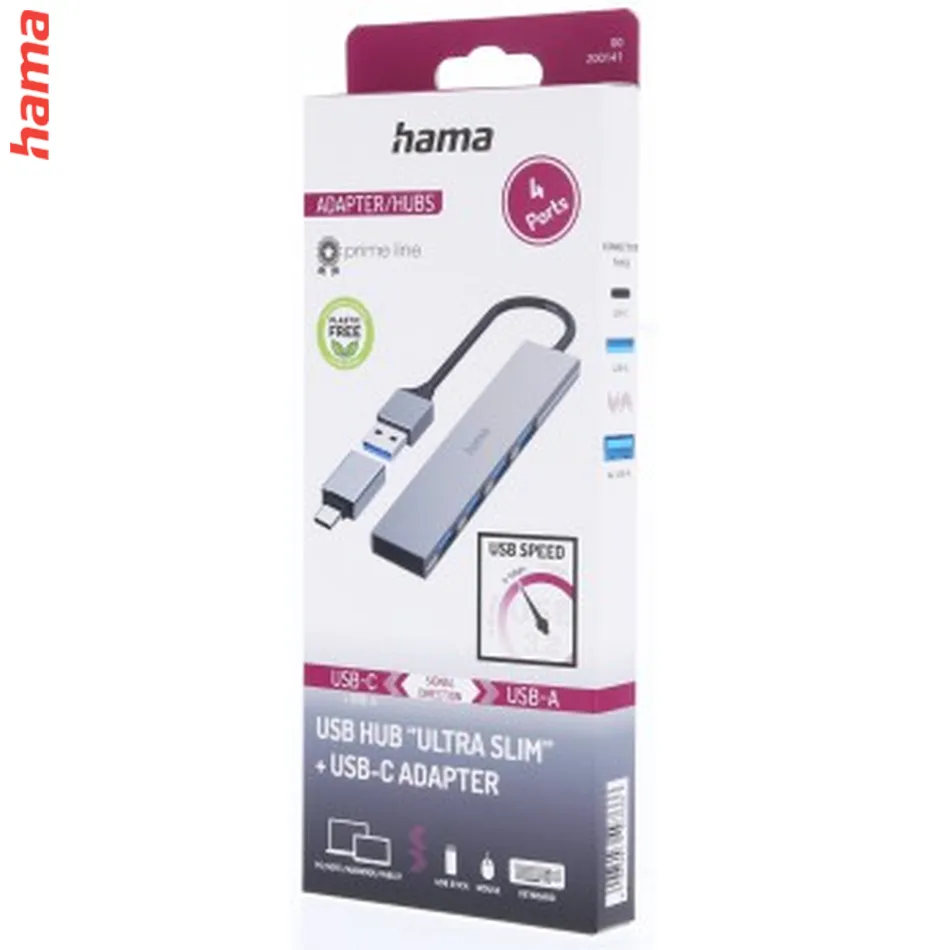 Hama USB hub, 4 porty, USB 3.2, 5 Gb/s, Ultra Slim, USB-C adaptér