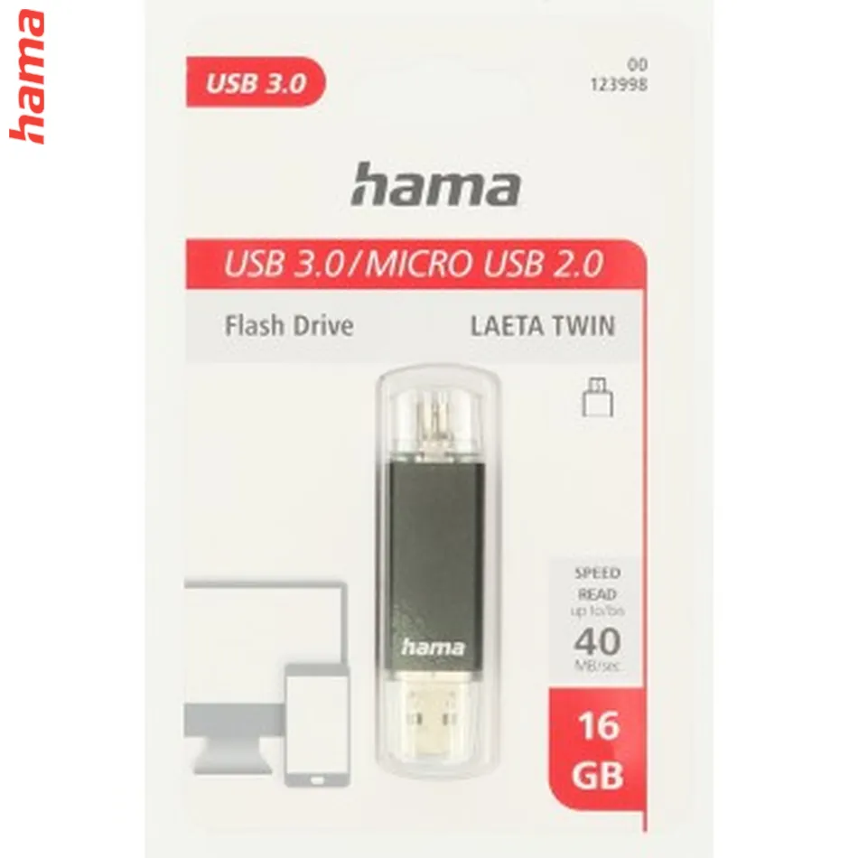 Hama flashPen Laeta Twin, USB 3.0, 16 GB, 40 MB/s, čierny