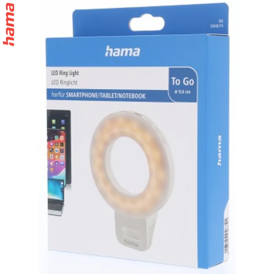 Hama ToGo, LED kruhové selfie svetlo, svorka na mobil, 60 LED, priemer 9,6 cm, nabíjacie