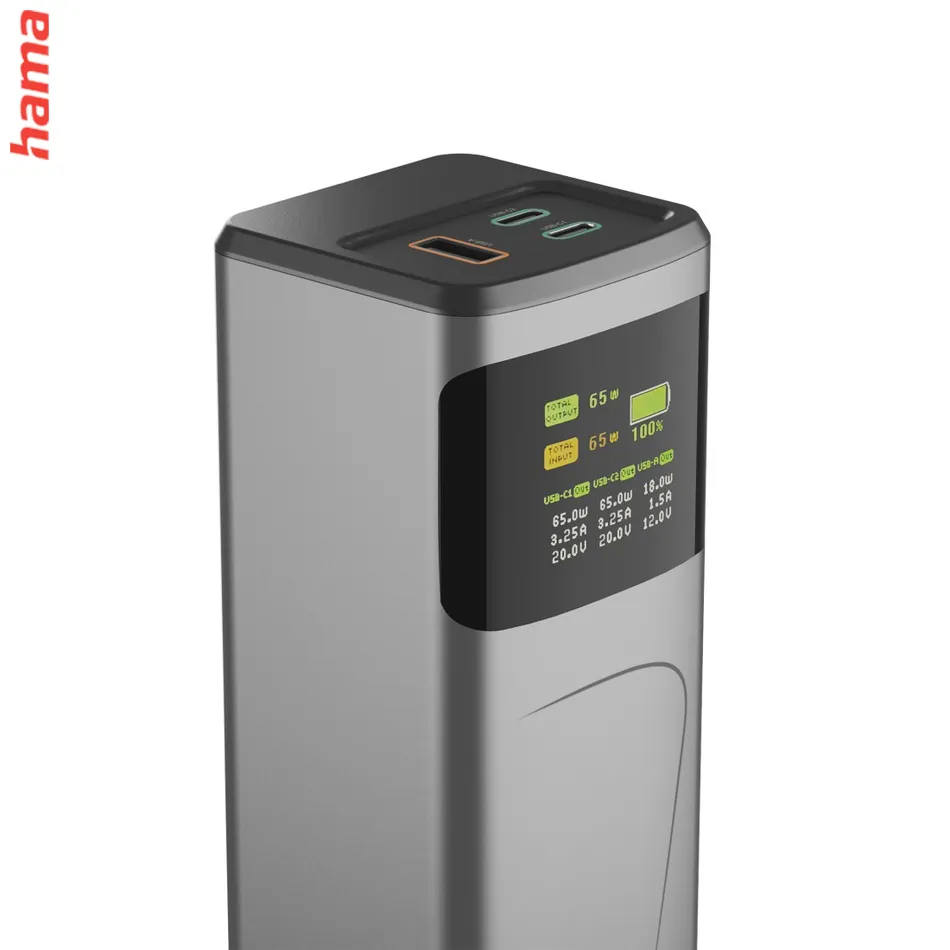 Hama High Power 65 W, powerbanka, 20000 mAh, 2x USB-C, 1x USB-A, PD, QC, displej