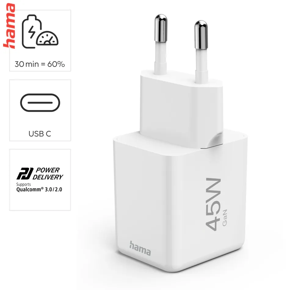 Hama rýchla USB nabíjačka, USB-C PD/QC 45 W, super-mini  