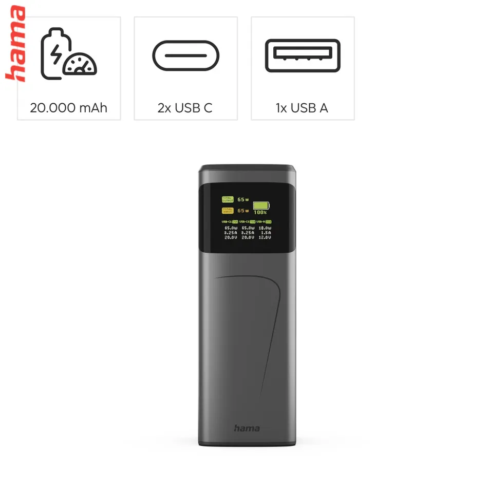 Hama High Power 65 W, powerbanka, 20000 mAh, 2x USB-C, 1x USB-A, PD, QC, displej