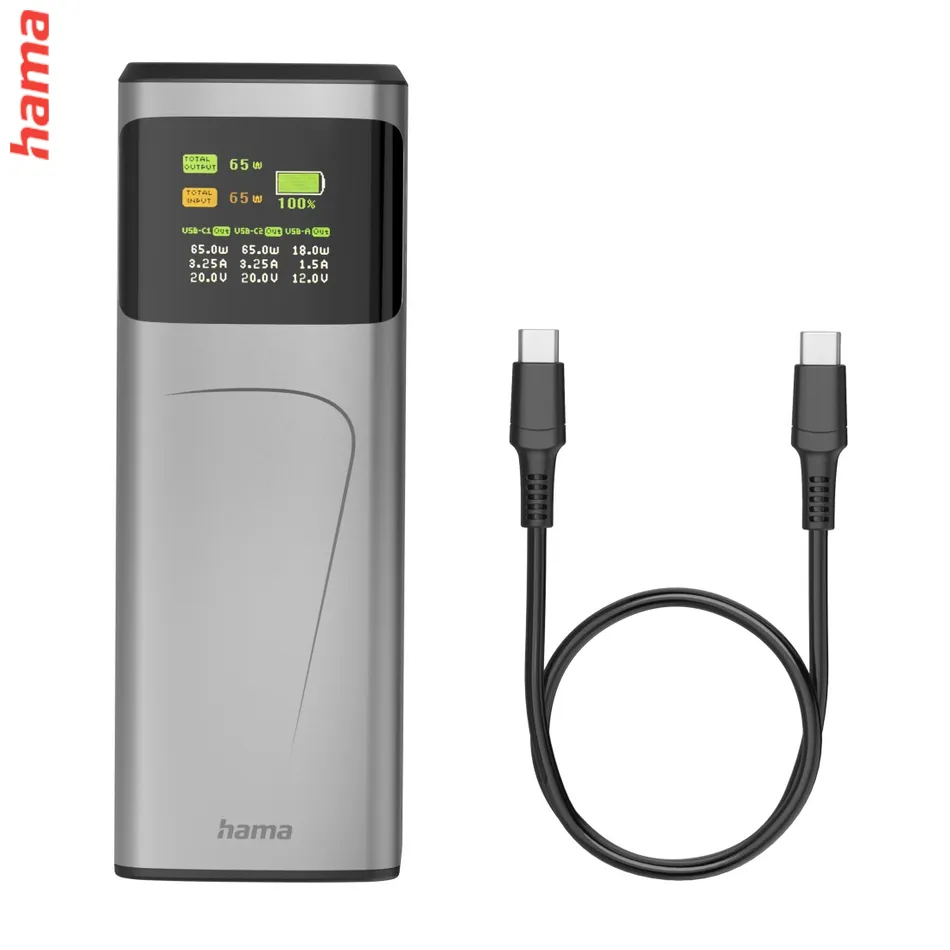 Hama High Power 65 W, powerbanka, 20000 mAh, 2x USB-C, 1x USB-A, PD, QC, displej