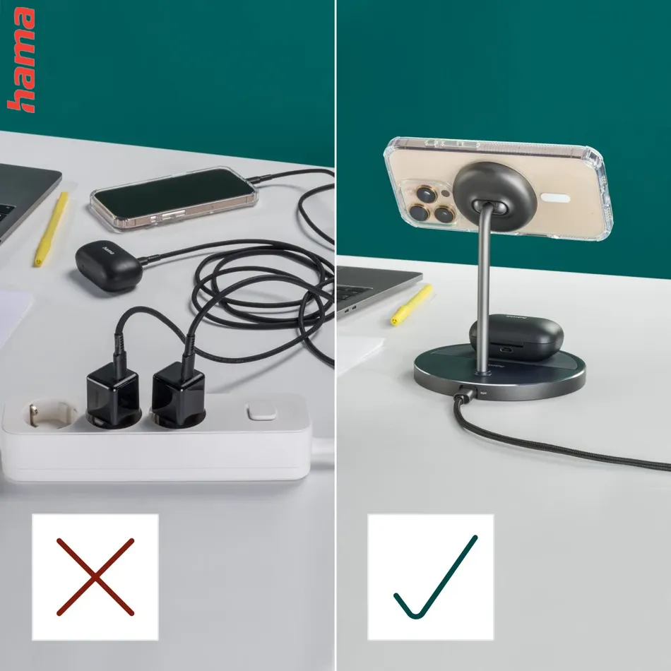 Hama nabíjacia stanica na mobil 2v1, bezdrôtová Qi2, 15 W, čierna
