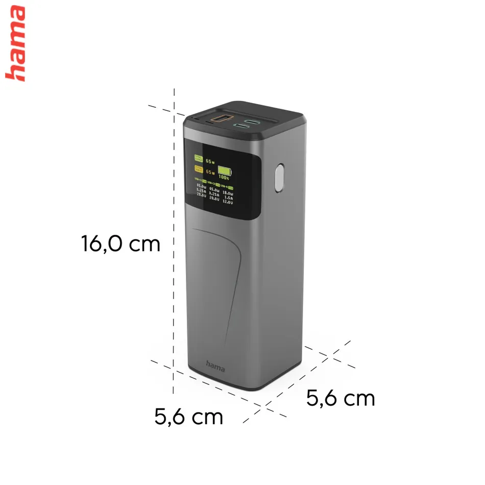 Hama High Power 65 W, powerbanka, 20000 mAh, 2x USB-C, 1x USB-A, PD, QC, displej