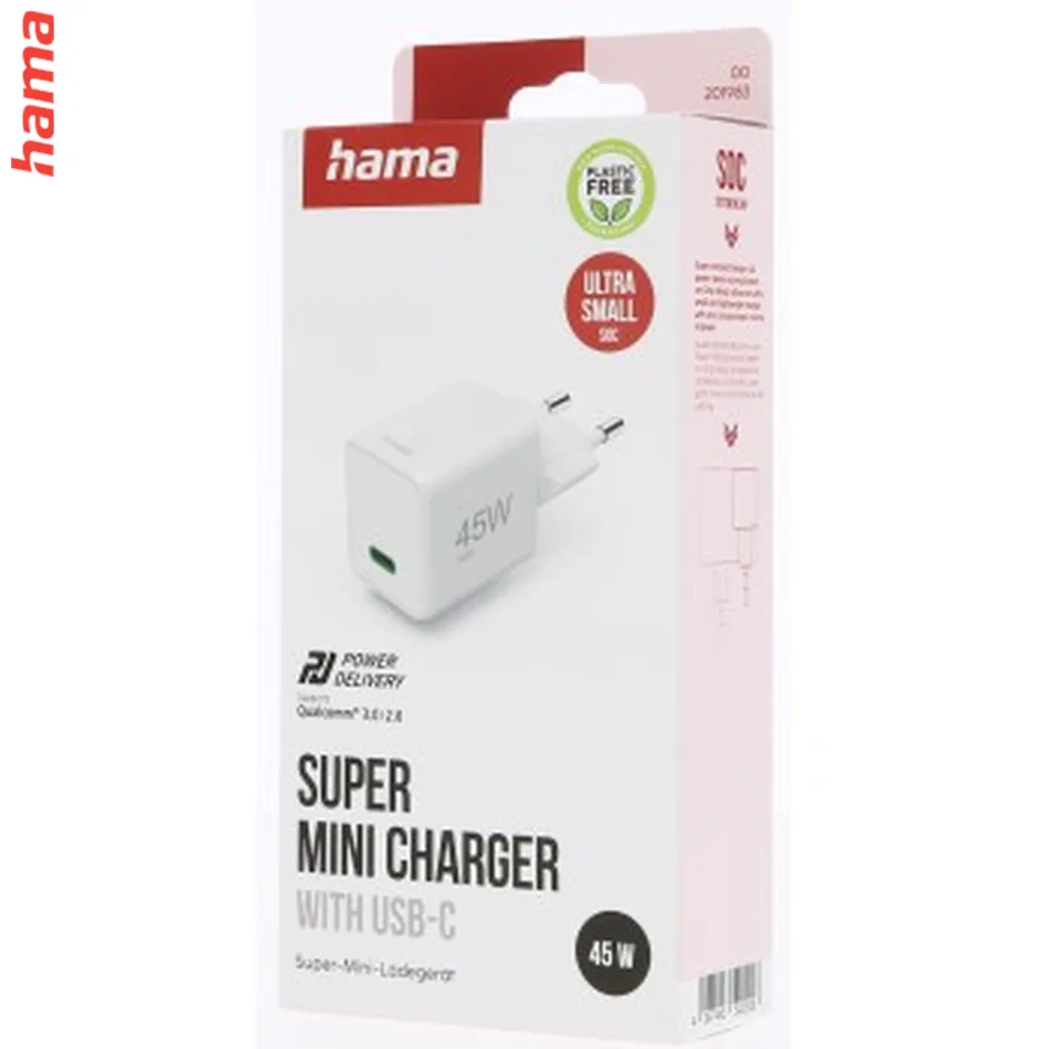 Hama rýchla USB nabíjačka, USB-C PD/QC 45 W, super-mini  
