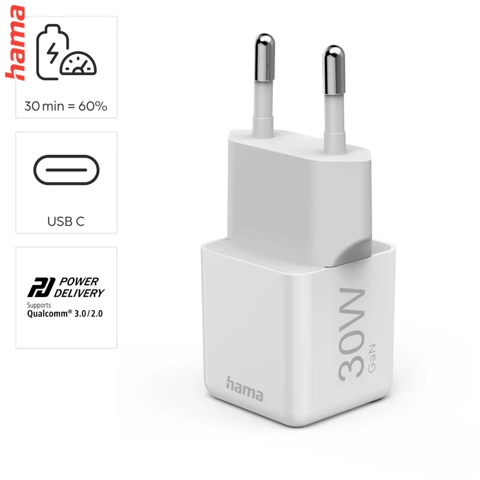 Hama rýchla USB nabíjačka, USB-C PD/QC 30 W, super-mini  