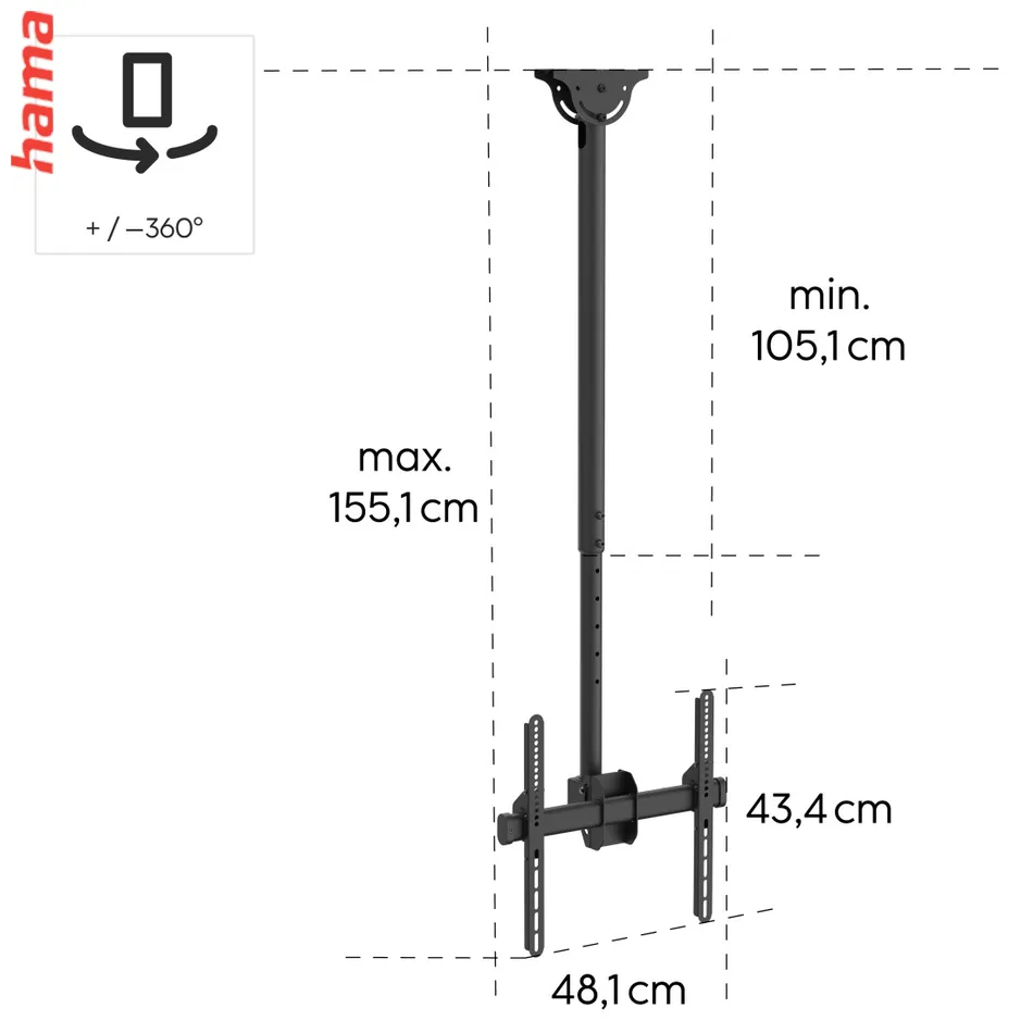 Hama stropný držiak na TV, otočný, 400x400, do 165 cm (65 palcov), do 50 kg