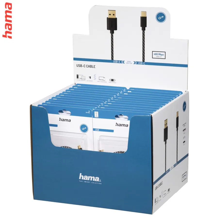 Hama USB-C 2.0 kábel typ A-C, 1,5 m, opletený, blister/displej