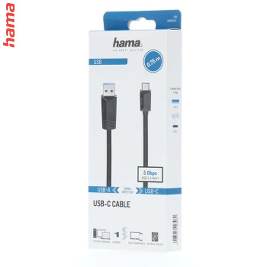 Hama USB-C 3.2 Gen1 kábel typ A-C 0,75 m, čierny