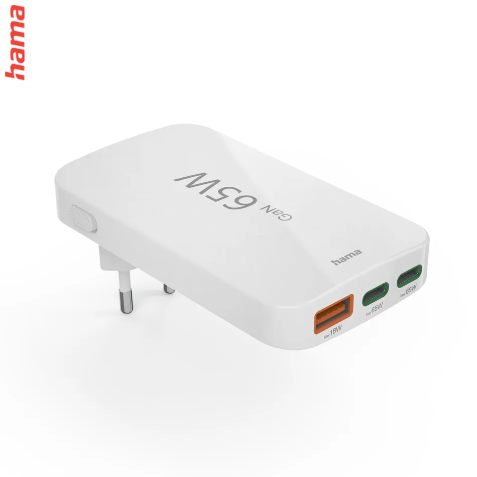 Hama rýchla USB nabíjačka GaN 2x USB-C + USB-A, PD/QC 65 W, plochá, skladacia  