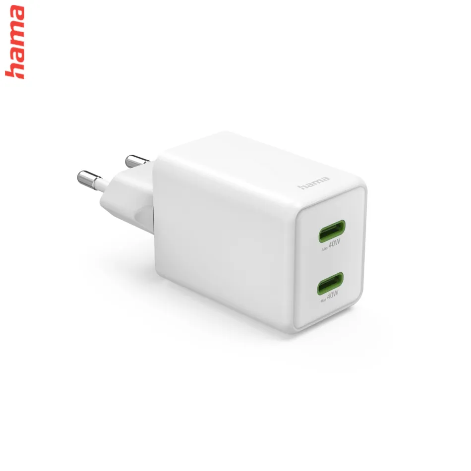 Rýchlonabíjačka Hama , GaN, 2x USB-C, Super Mini nabíjačka, PD, 40 W, biela