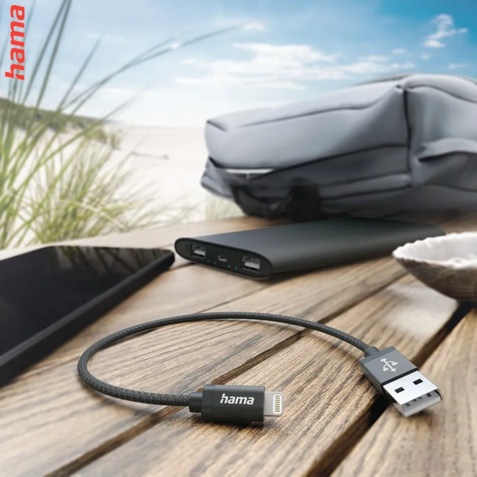 Hama MFi USB kábel pre Apple, USB-A Lightning, 0,2 m, opletený, čierny