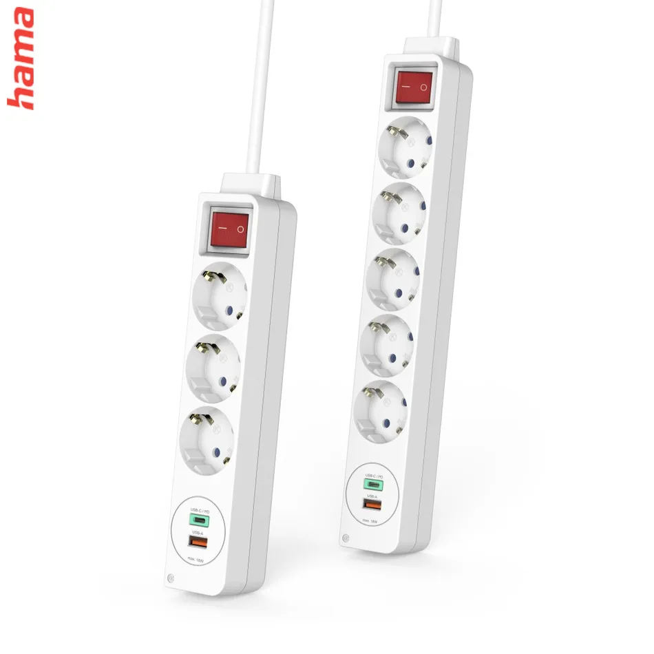 Hama predlžovací prívod, 5x zásuvka schuko, USB-C PD/USB-A QC 18 W, 1,4 m