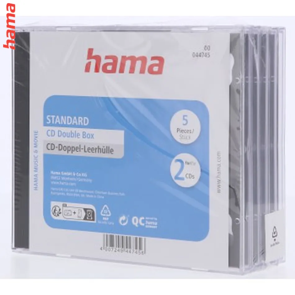Hama CD Double box, štandardný obal na 2 CD/DVD, priehľadný/čierny, balenie 5 ks (cena za balenie)