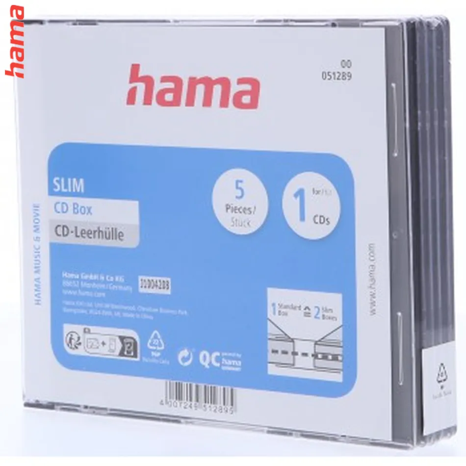 Hama CD Slim Box, obal na 1 cd/dvd, priehľadný/čierny, balenie 5 ks (cena za balenie)