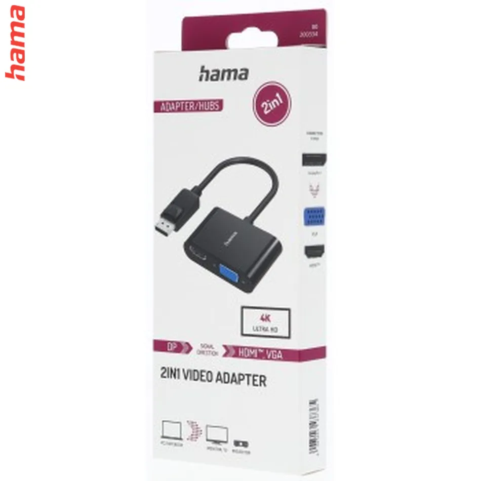 Hama video rozbočovač a prevodník DisplayPort na HDMI/VGA - Čierny kompaktný adaptér