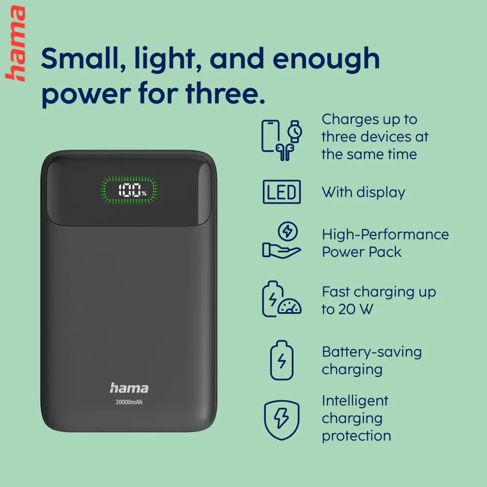 PD20-W20 powerbanka, 20000 mAh, 20 W, 2x USB-C, 1x USB-A, displej