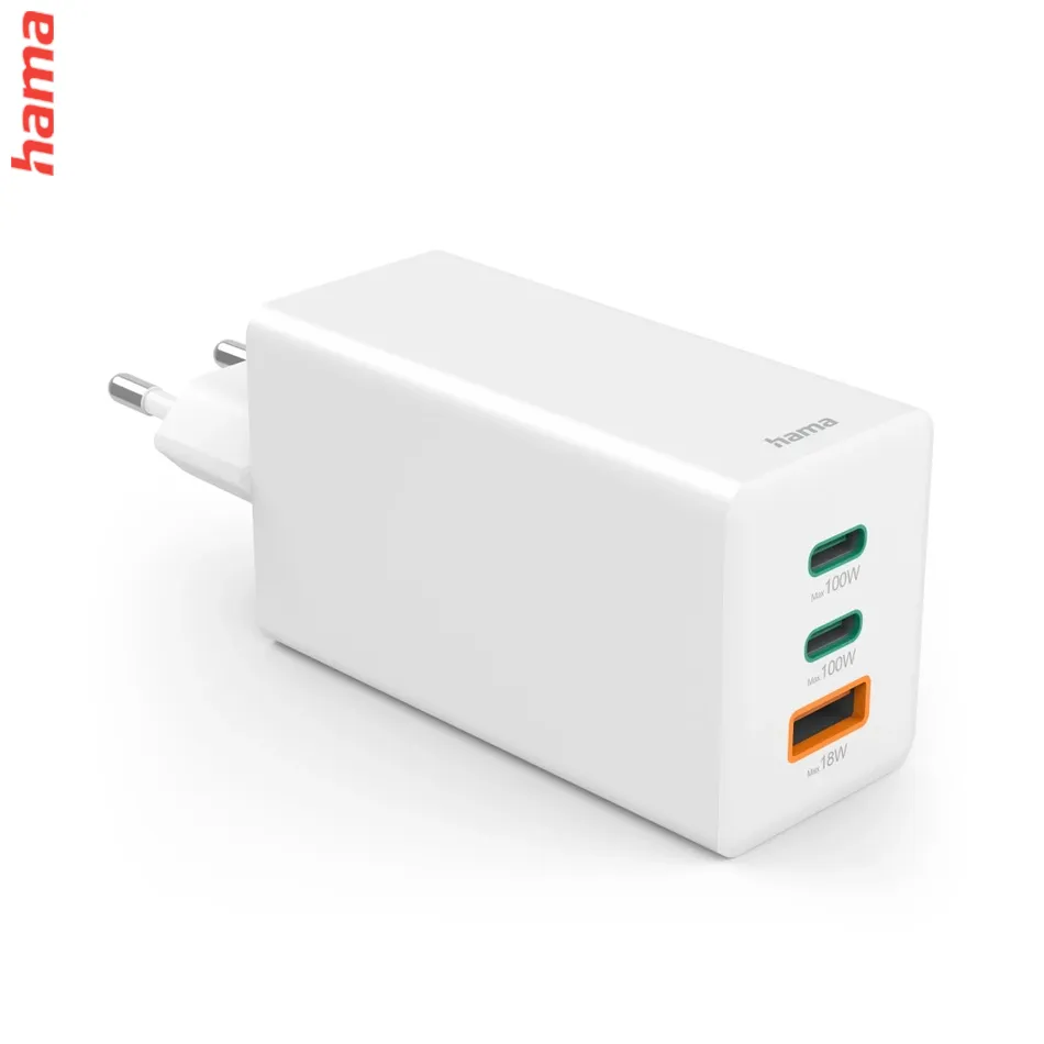 Hama rýchlonabíjačka USB C 100 W GaN, 2x USB-C, 1x USB-A, biela