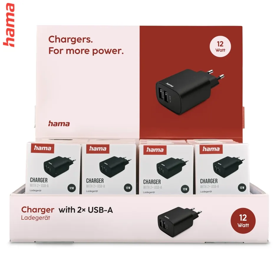 Hama USB nabíjačka, 2x USB-A, 12 W/2,4 A, 20 ks v displeji (cena za ks)